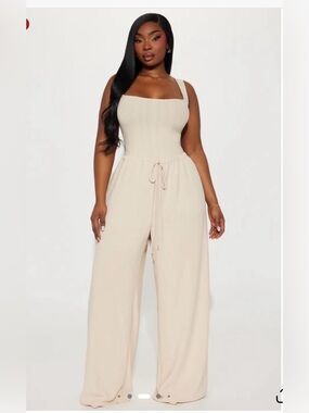 NWT Fashion Nova Vacay Mode Jumpsuit Stone Wide Leg Size M